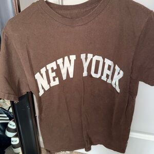 New York Brown Tee with White Script Logo